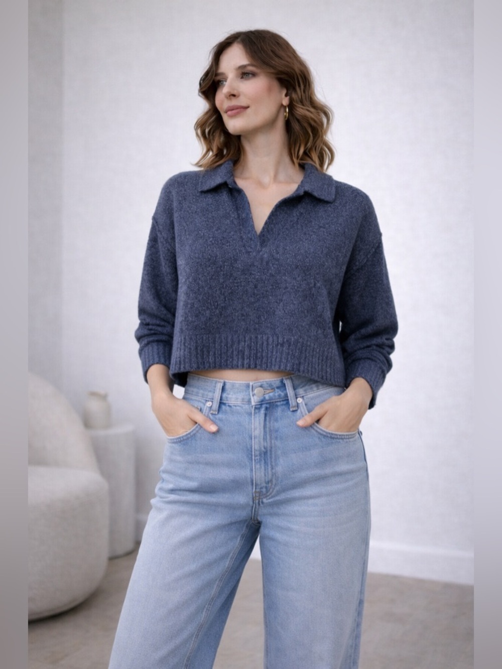Theory Blue Collared Knit Sweater Cropped V-Neck Minimalist Medium